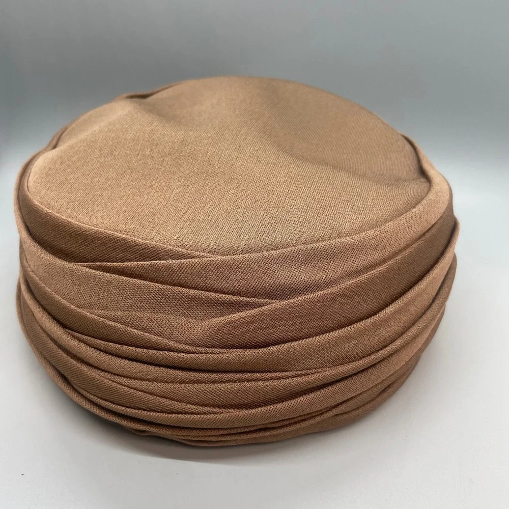 Vintage Stix Baer & Fuller Custom Made Pillbox Hat Tan Pleated Mid Century MCM